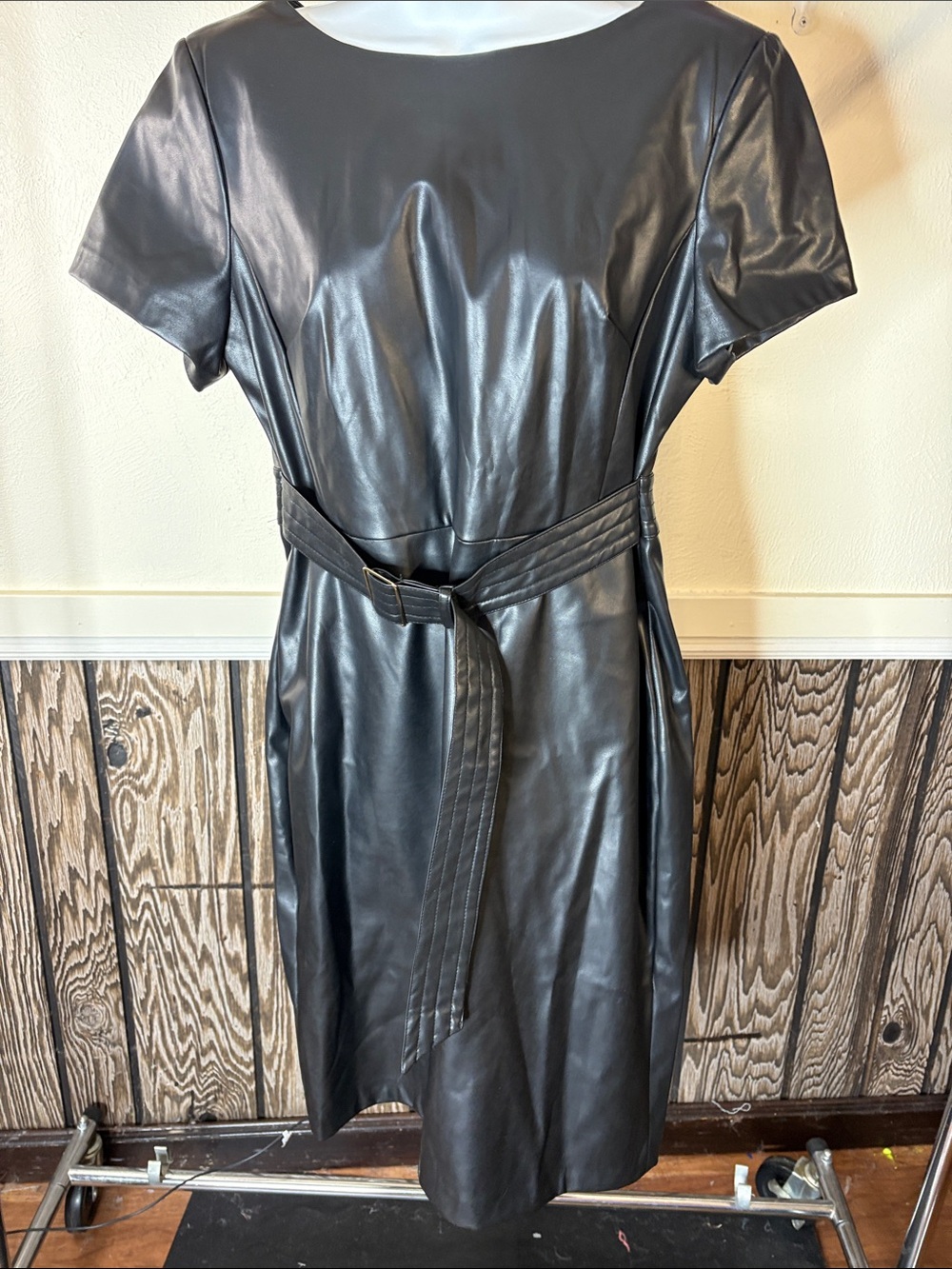 Calvin Klein Black Faux Leather Midi Dress with Belt